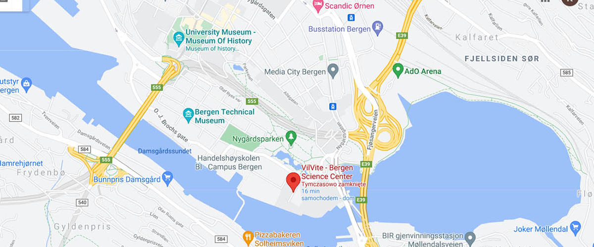 a map of Bergen with location of the Science Museum